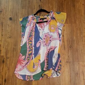 Harve Benard Pink and Yellow Graphic Cap Sleeve Blouse